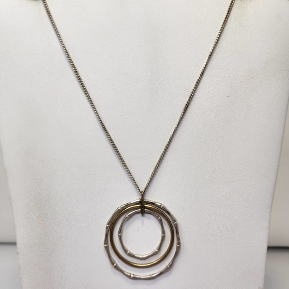 Kenneth Cole Three Circle Bamboo Pattern Pendant Chain Necklace Silver Gold Tone - Picture 2 of 7